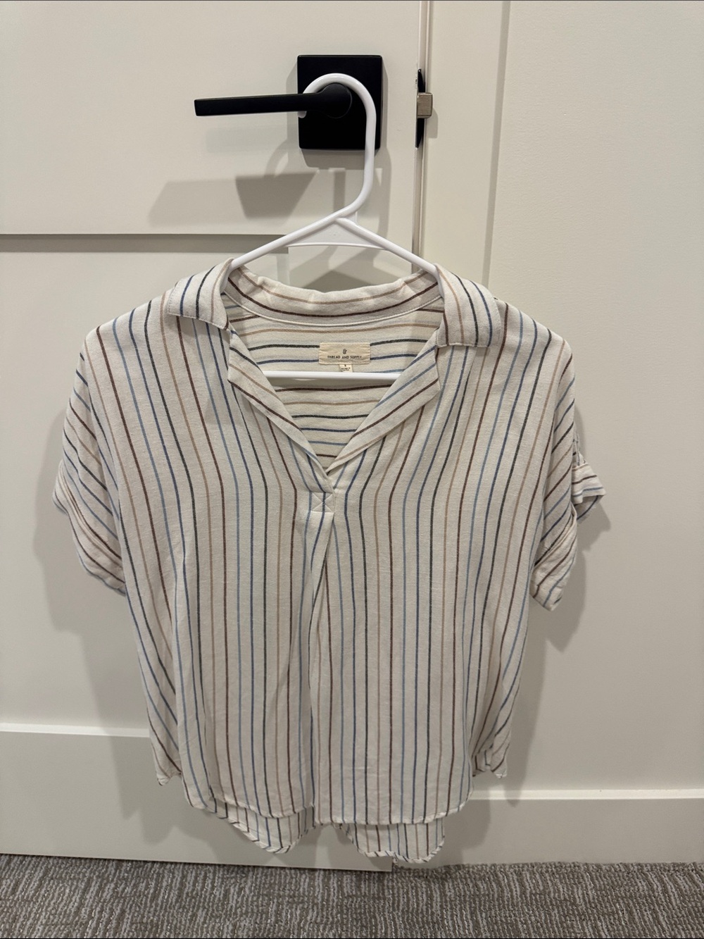 Lightweight Striped Collared Short Sleeve Top - Cream with Blue & Brown Stripes